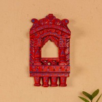 Small 11-inch red jharokha wall decor with intricate handpainted blue detailing in traditional Indian style.