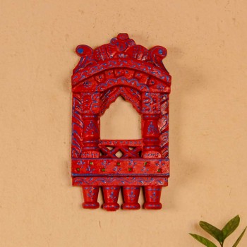 Small 11-inch red jharokha wall decor with intricate handpainted blue detailing in traditional Indian style.