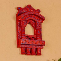 Small 11-inch red jharokha wall decor with intricate handpainted blue detailing in traditional Indian style.