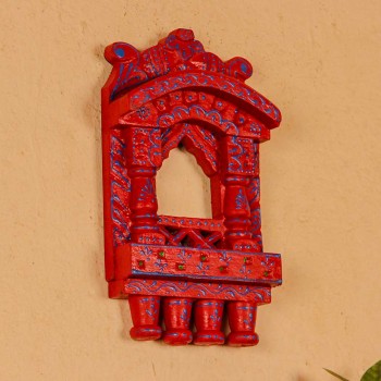 Small 11-inch red jharokha wall decor with intricate handpainted blue detailing in traditional Indian style.