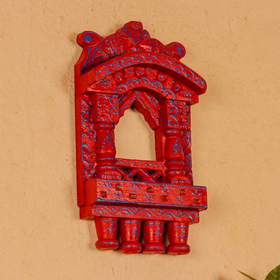 Small 11-inch red jharokha wall decor with intricate handpainted blue detailing in traditional Indian style.
