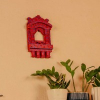 Small 11-inch red jharokha wall decor with intricate handpainted blue detailing in traditional Indian style.