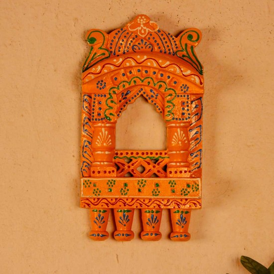Small 11-inch orange jharokha wall decor with detailed handcrafted patterns in traditional Indian style.