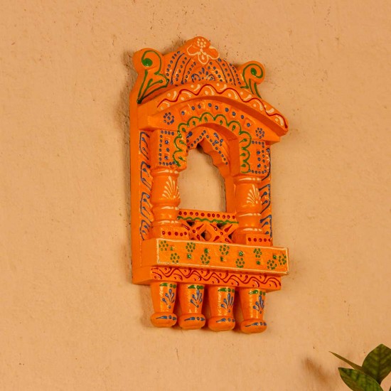 Small 11-inch orange jharokha wall decor with detailed handcrafted patterns in traditional Indian style.