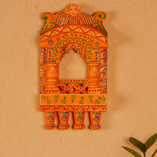 Small 11-inch orange jharokha wall decor with detailed handcrafted patterns in traditional Indian style.