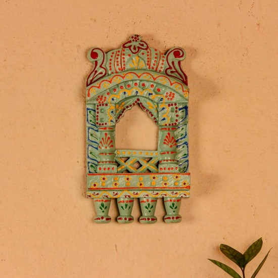 Small 11-inch green jharokha wall decor with intricate handcrafted detailing in traditional Indian style.