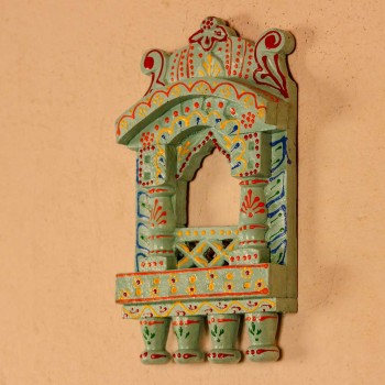 Small 11-inch green jharokha wall decor with intricate handcrafted detailing in traditional Indian style.