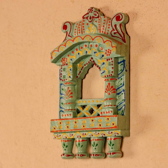 Small 11-inch green jharokha wall decor with intricate handcrafted detailing in traditional Indian style.