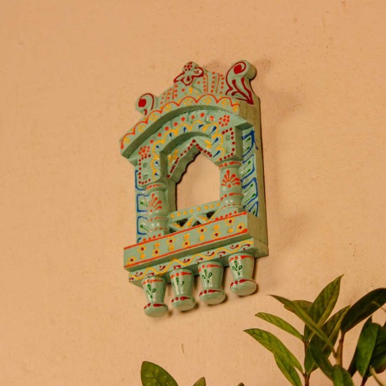 Small 11-inch green jharokha wall decor with intricate handcrafted detailing in traditional Indian style.