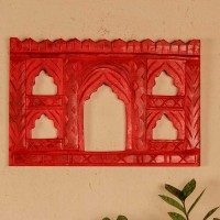 Hand carved red wooden 5 window jharokha wall panel traditional design