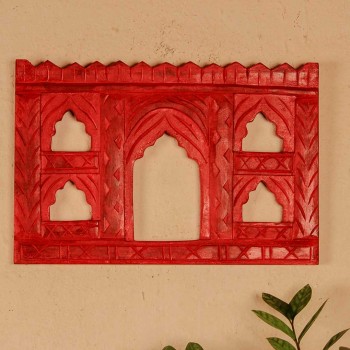 Hand carved red wooden 5 window jharokha wall panel traditional design