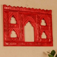 Hand carved red wooden 5 window jharokha wall panel traditional design