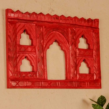 Hand carved red wooden 5 window jharokha wall panel traditional design