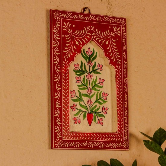 Hand painted red and white wooden jharokha wall panel 12 inch