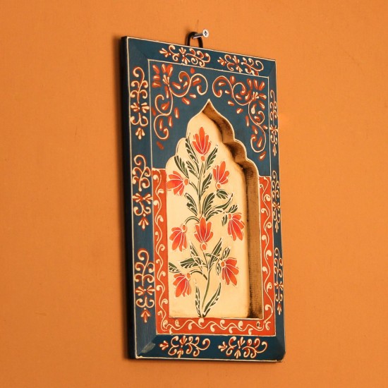 Hand Painted Floral Wooden Jharokha Wall Panel Blue Cream | Rajasthani Indian Wall Decor A hand painted blue and cream wooden jharokha wall panel featuring intricate floral motifs, crafted by Rajasthani artisans — a vibrant ethnic wall decor piece for Indian and global homes.