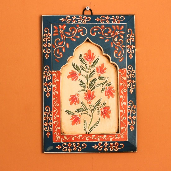 Hand Painted Floral Wooden Jharokha Wall Panel Blue Cream | Rajasthani Indian Wall Decor A hand painted blue and cream wooden jharokha wall panel featuring intricate floral motifs, crafted by Rajasthani artisans — a vibrant ethnic wall decor piece for Indian and global homes.