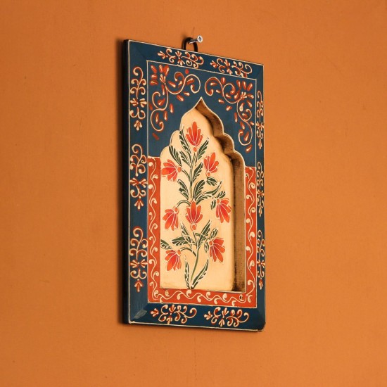 Hand Painted Floral Wooden Jharokha Wall Panel Blue Cream | Rajasthani Indian Wall Decor A hand painted blue and cream wooden jharokha wall panel featuring intricate floral motifs, crafted by Rajasthani artisans — a vibrant ethnic wall decor piece for Indian and global homes.