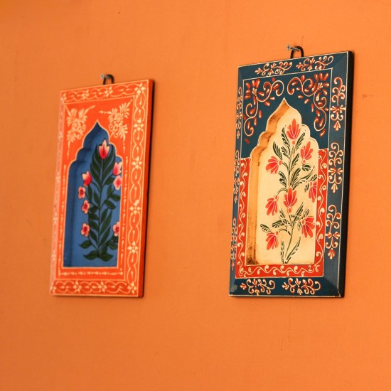 Hand Painted Floral Wooden Jharokha Wall Panel Blue Cream | Rajasthani Indian Wall Decor A hand painted blue and cream wooden jharokha wall panel featuring intricate floral motifs, crafted by Rajasthani artisans — a vibrant ethnic wall decor piece for Indian and global homes.
