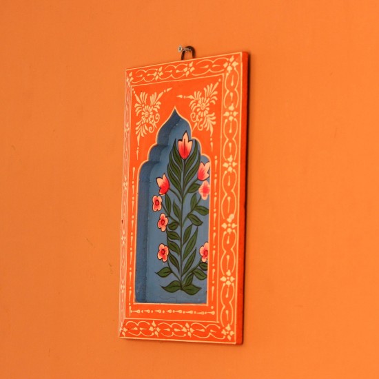Hand Painted Floral Wooden Jharokha Wall Panel Orange Blue | Rajasthani Indian Wall Decor Vibrant orange and blue hand painted wooden jharokha wall panel with floral motifs, crafted by Rajasthani artisans.