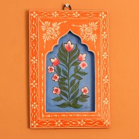 Hand Painted Floral Wooden Jharokha Wall Panel Orange Blue | Rajasthani Indian Wall Decor Vibrant orange and blue hand painted wooden jharokha wall panel with floral motifs, crafted by Rajasthani artisans.