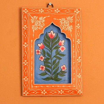 Hand Painted Floral Wooden Jharokha Wall Panel Orange Blue | Rajasthani Indian Wall Decor Vibrant orange and blue hand painted wooden jharokha wall panel with floral motifs, crafted by Rajasthani artisans.