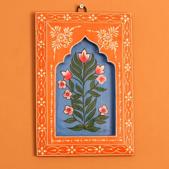 Hand Painted Floral Wooden Jharokha Wall Panel Orange Blue | Rajasthani Indian Wall Decor Vibrant orange and blue hand painted wooden jharokha wall panel with floral motifs, crafted by Rajasthani artisans.