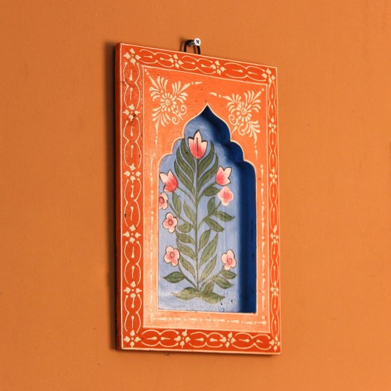 Hand Painted Floral Wooden Jharokha Wall Panel Orange Blue | Rajasthani Indian Wall Decor Vibrant orange and blue hand painted wooden jharokha wall panel with floral motifs, crafted by Rajasthani artisans.
