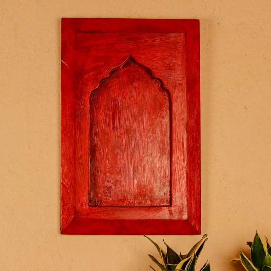 Minimal red wooden jharokha style wall panel 17 inch
