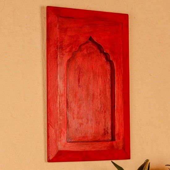 Minimal red wooden jharokha style wall panel 17 inch