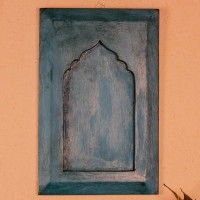 Minimal blue wooden jharokha style wall panel 17 inch