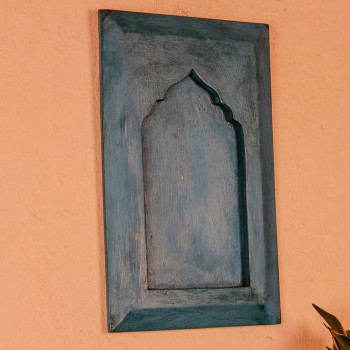 Minimal blue wooden jharokha style wall panel 17 inch