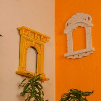 Yellow hand painted wooden jharokha style wall panel