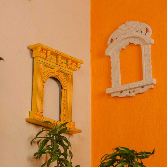 Yellow hand painted wooden jharokha style wall panel