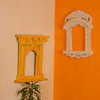 Yellow hand painted wooden jharokha style wall panel