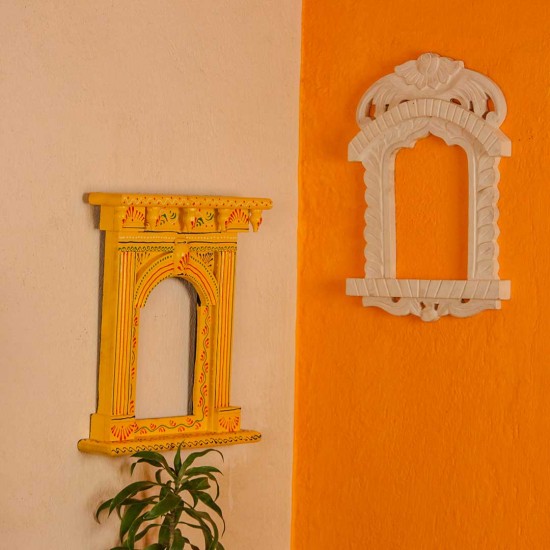 Yellow hand painted wooden jharokha style wall panel
