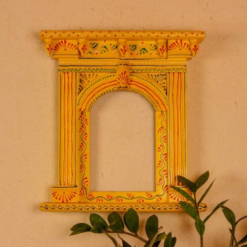 Yellow hand painted wooden jharokha style wall panel