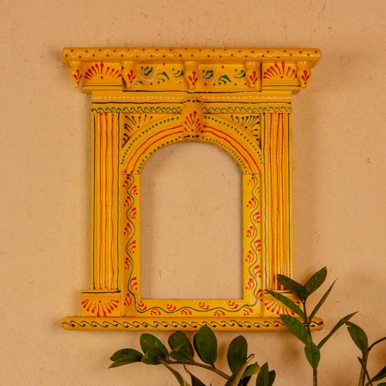 Yellow hand painted wooden jharokha style wall panel