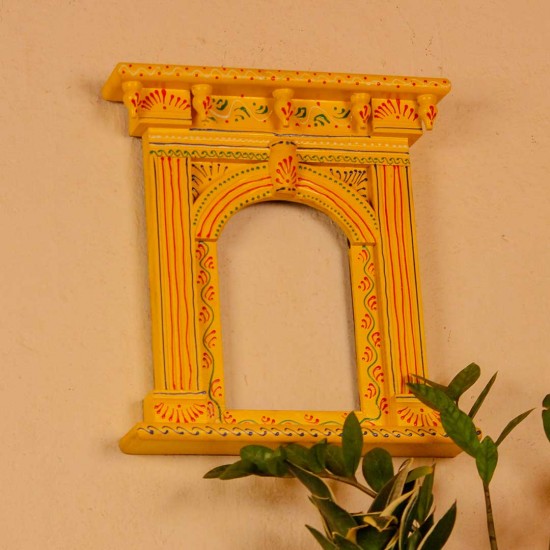 Yellow hand painted wooden jharokha style wall panel