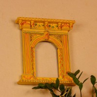 Yellow hand painted wooden jharokha style wall panel