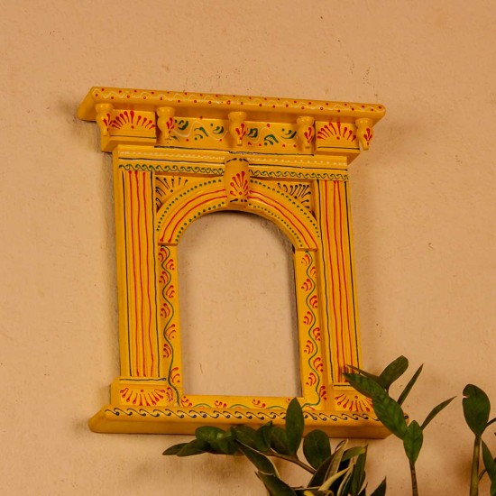 Yellow hand painted wooden jharokha style wall panel