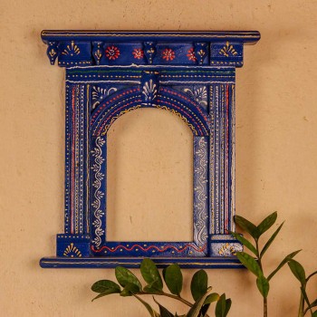 Blue hand painted wooden jharokha style wall panel