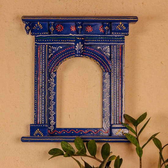 Blue hand painted wooden jharokha style wall panel