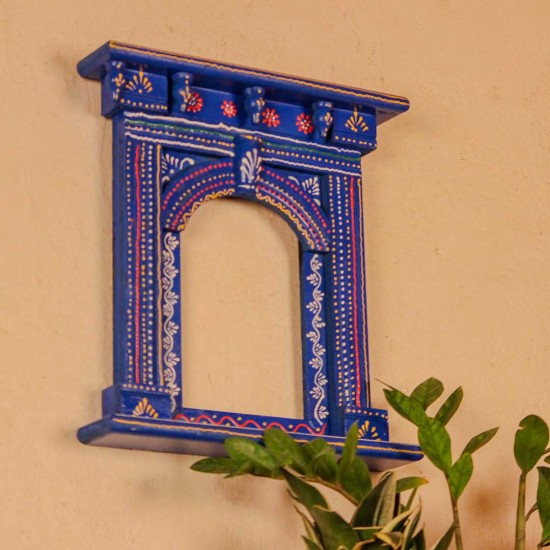 Blue hand painted wooden jharokha style wall panel