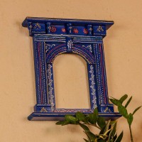 Blue hand painted wooden jharokha style wall panel