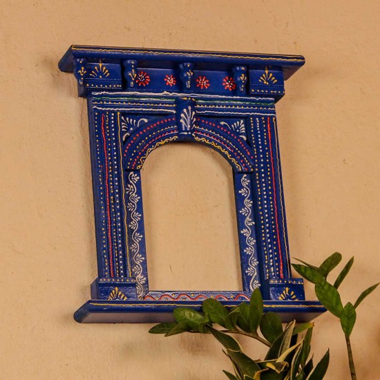 Blue hand painted wooden jharokha style wall panel