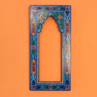 Hand Painted Floral Arch Frame – Blue, Front View Front view of a tall wooden arch-shaped frame hand painted in bright blue, with floral borders in pink, red, yellow and green and an open arched centre.
