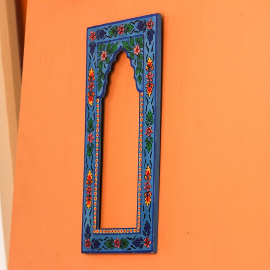 Hand Painted Floral Arch Frame – Blue, Front View Front view of a tall wooden arch-shaped frame hand painted in bright blue, with floral borders in pink, red, yellow and green and an open arched centre.