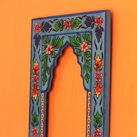 Hand Painted Floral Arch Frame – Blue, Front View Front view of a tall wooden arch-shaped frame hand painted in bright blue, with floral borders in pink, red, yellow and green and an open arched centre.