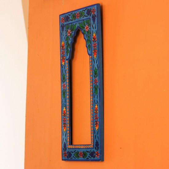 Hand Painted Floral Arch Frame – Blue, Front View Front view of a tall wooden arch-shaped frame hand painted in bright blue, with floral borders in pink, red, yellow and green and an open arched centre.
