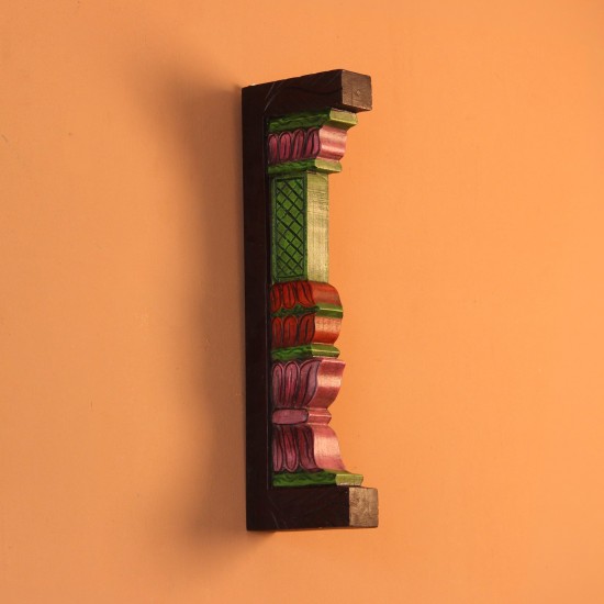 Hand Painted Pillar Wall Bracket Styled on Wall Extreme close-up of the carved petal-shaped bands in pink, red and purple, with ridged layers and painted green edging.